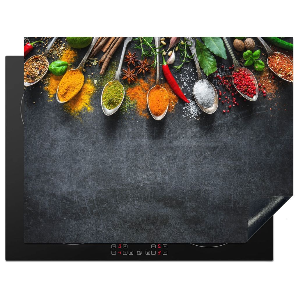 KitchenYeah Herdabdeckplatte Beton - Gewürze - Löffel , 77x59cm, Küche Deko, Glaskeramikkochfeld Herdabdeckung, Abdeckplatte fùr Kochfeld