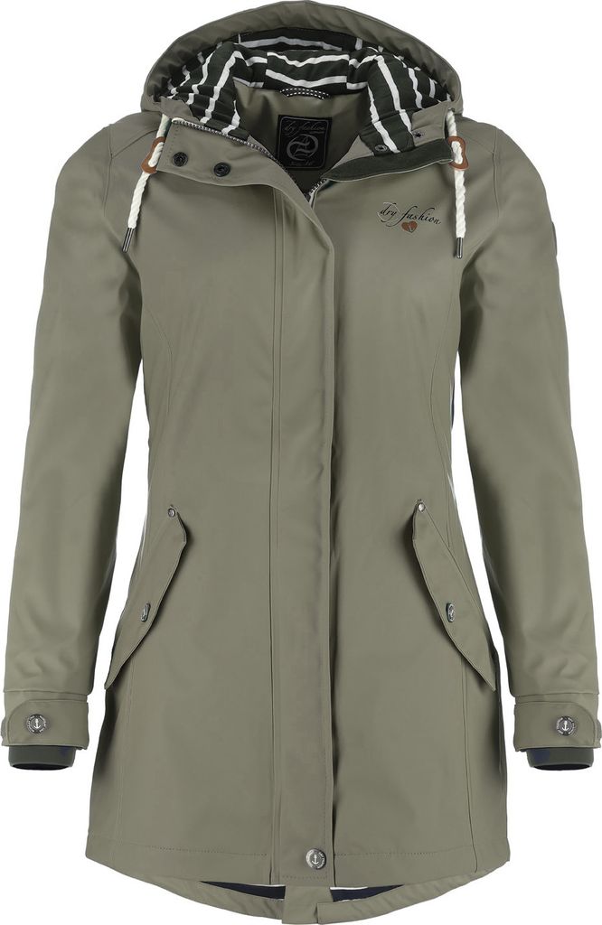 Dry Fashion Damen Regenmantel Kiel - Frauen Regenjacke Damen Jacke mit verstellbarer Kapuze Lang Winddicht Wasserdicht in Oliv Größe 40