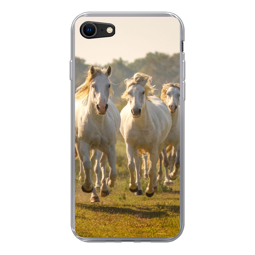 MuchoWow Handyhülle Schutzhülle Hülle für iPhone SE 2020 Galoppierende weiße Pferde Silikon Softcase Handy Hülle - Kartenbesitzer