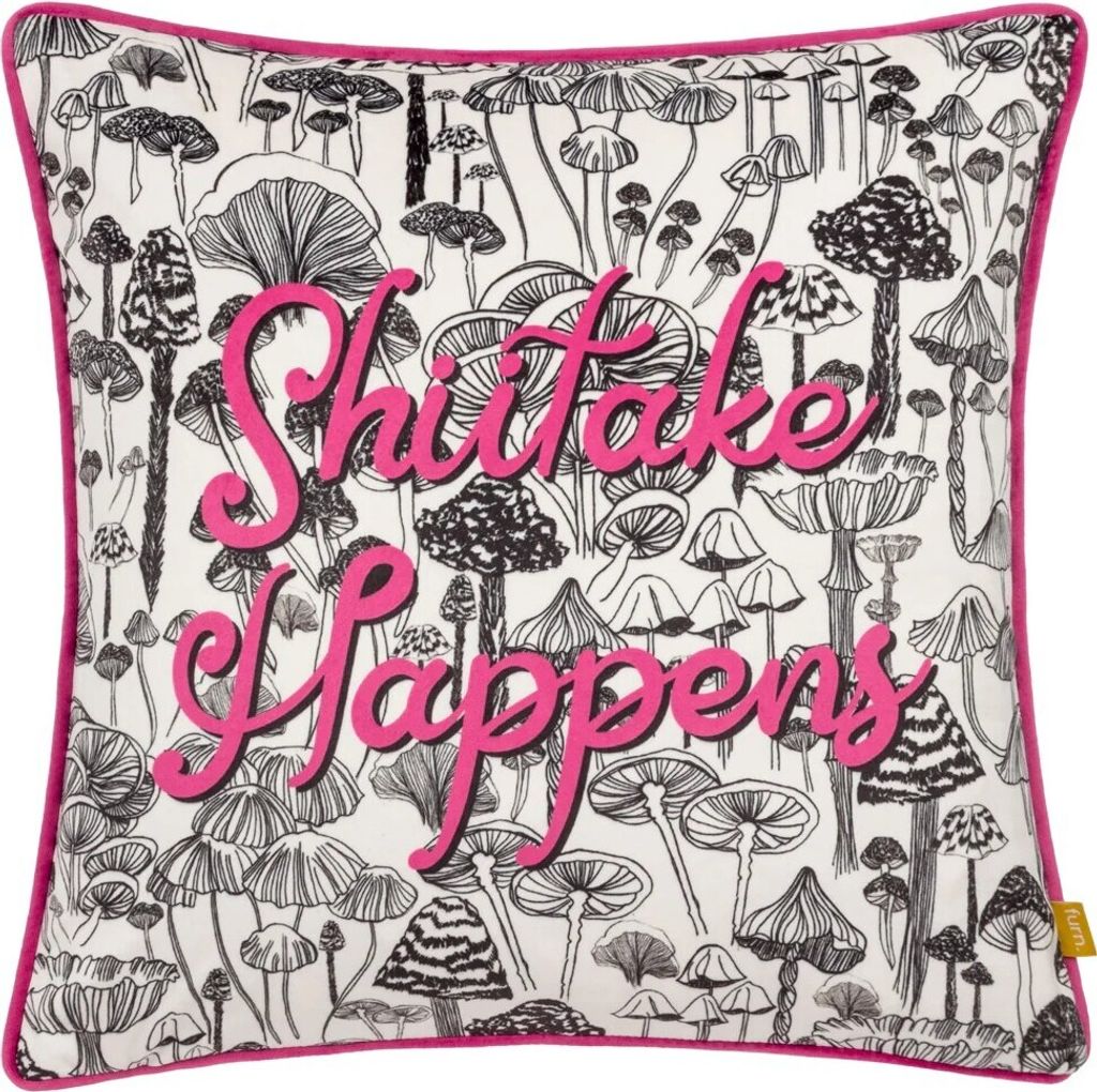 Furn - Paspeliert - Kissenhülle "Shiitake Happens", Samt RV3154 (43 cm x 43 cm) (Fuchsie)