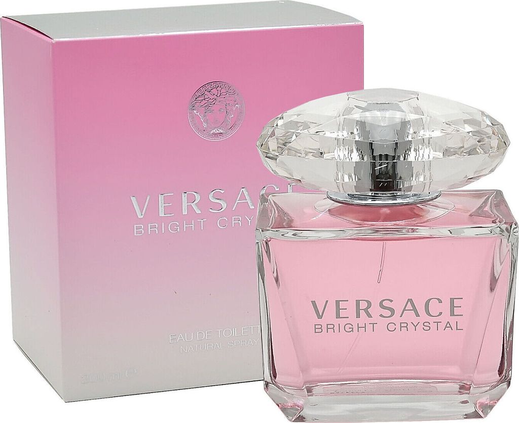 A bottle of Versace Bright Crystal eau de toilette and its packaging are displayed.