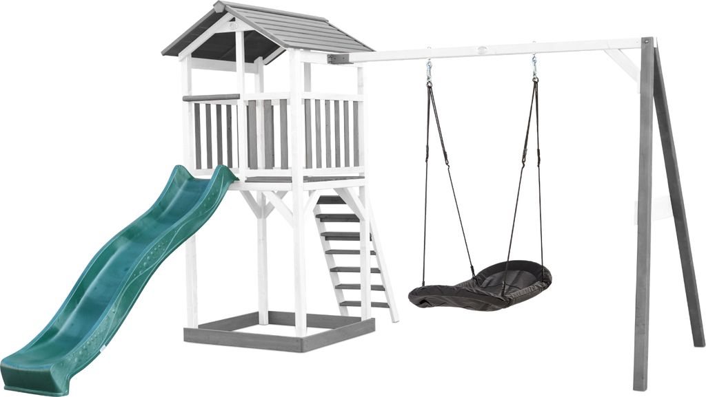 AXI Beach Tower Spielturm aus Holz in Weiß & Grau | Spielhaus für Kinder mit grüner Rutsche, Nestschaukel und Sandkasten | Stelzenhaus für den ...