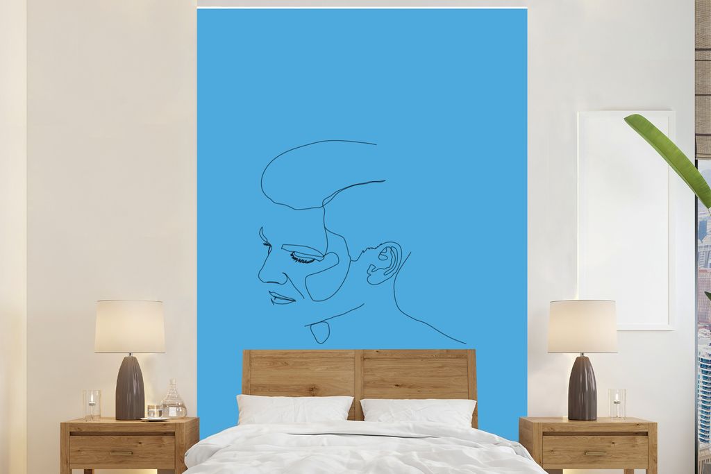 MuchoWow Fototapete für Wohnzimmer oder Schlafzimmer Wandtapete Vinyl Motivtapete Gesicht - Strichzeichnung - Mann - 145x220 cm - Wanddekoration