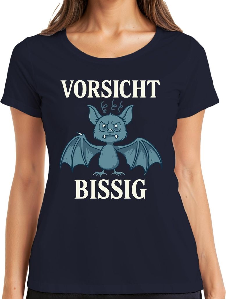 Vorsicht Bissig Fledermaus Halloween Lustig Geschenk Cartoon Damen T-Shirt, Navy, XXL
