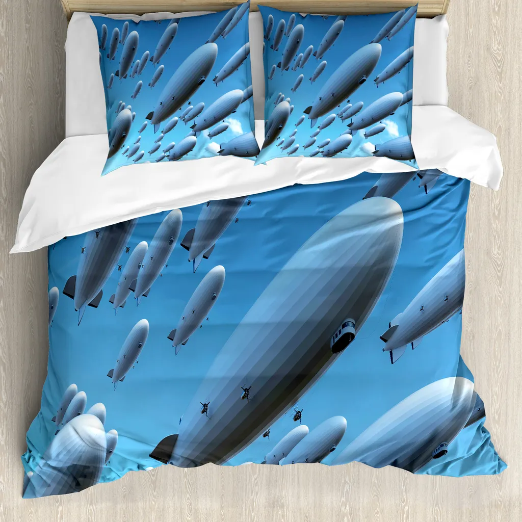 ABAKUHAUS Copripiumino Zeppelin, Sky Aviation Flight, antiacaro, adatto a chi soffre di allergie, con federe, 155 cm x 220 cm - 80 x 80 cm, azzurro