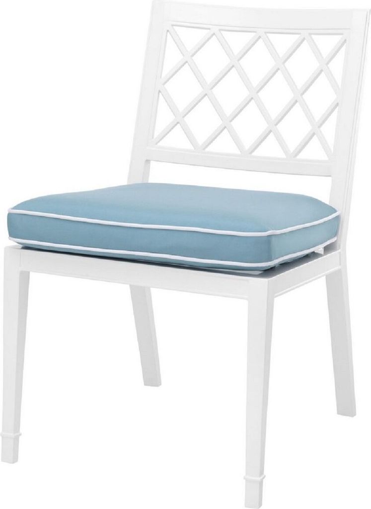 Casa Padrino Luxus Esszimmerstuhl Weiß / Hellblau 53 x 66 x H. 87 cm - Aluminium Küchenstuhl mit Kissen - Esszimmermöbel