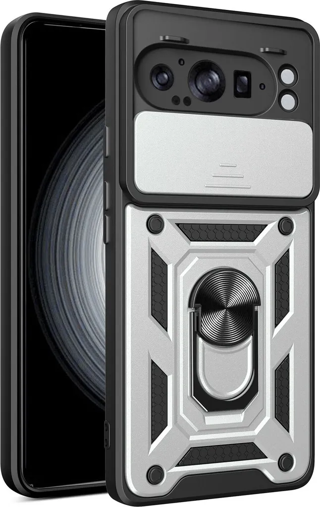 Custodia per Google Pixel 8A, Custodia in silicone TPU Bumper con supporto ad anello, protezione per fotocamera argento