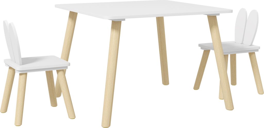 AIYAPLAY Kindertisch und 2 Stühle Set, Kindertisch mit Stühlen, Rückenlehnen mit Hasenohren, Kindertisch für Kinderzimmer, Spielzimmer, Weiß