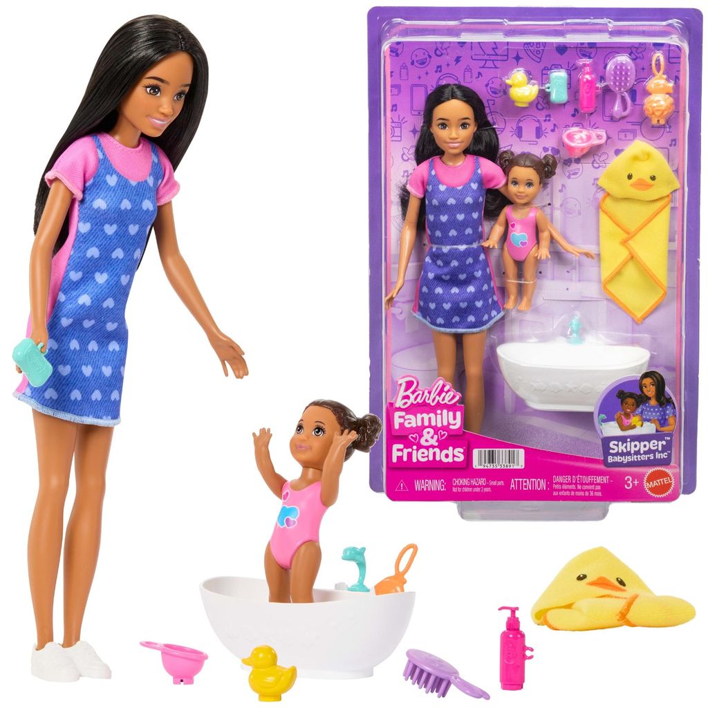 Barbie Skipper Babysitters Inc. Spielset mit Skipper-Puppe, Kleinkind-Puppe, Badewanne und 6 Zubehörteilen, Modepuppe, Weiblich, 3 Jahr(e), Junge/...