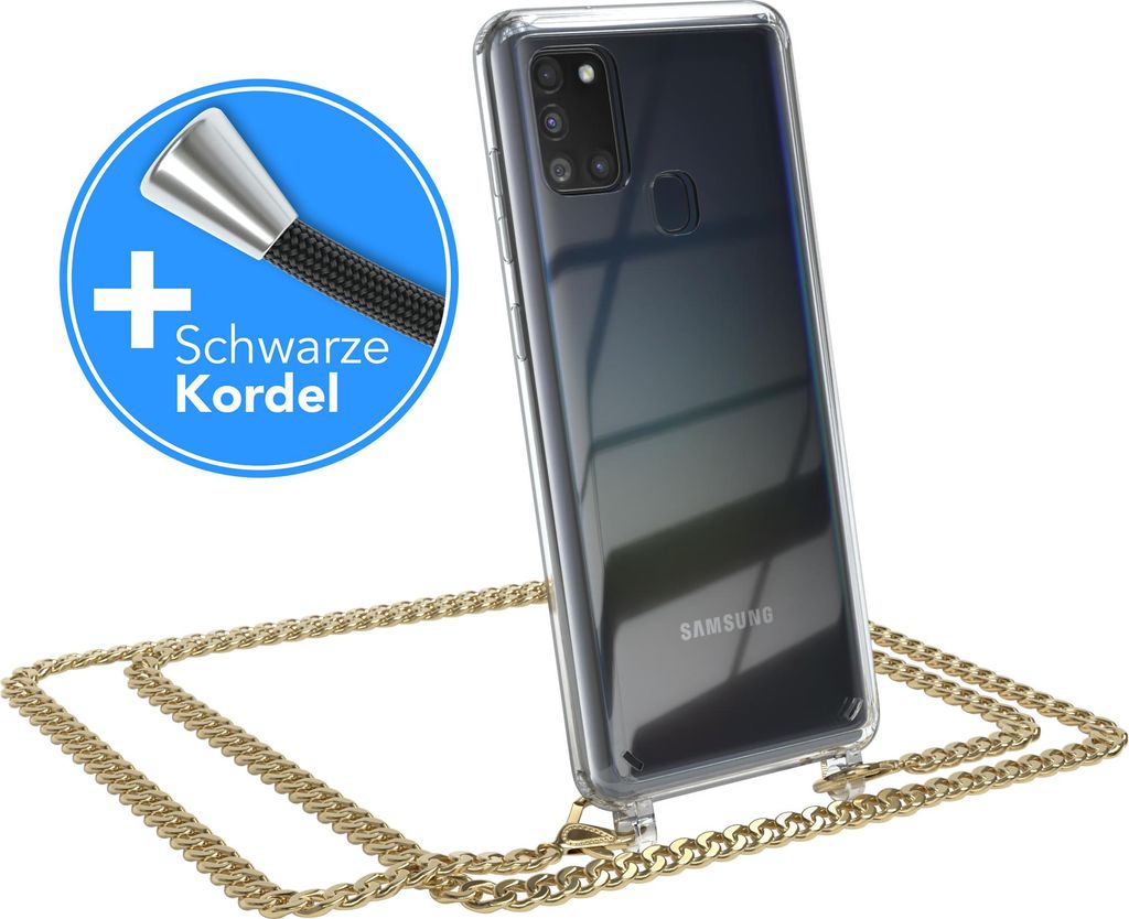 EAZY CASE Metall Handykette für Samsung Galaxy A21s, Handyhülle mit Umhängeband, Silikonhülle, Metallkette für Smartphone in Gold