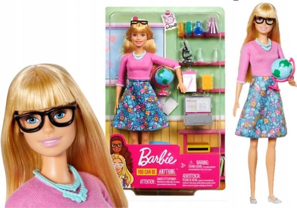 A collage of images showing a Barbie doll in packaging and a close-up of its face, along with a separate image of the doll standing.