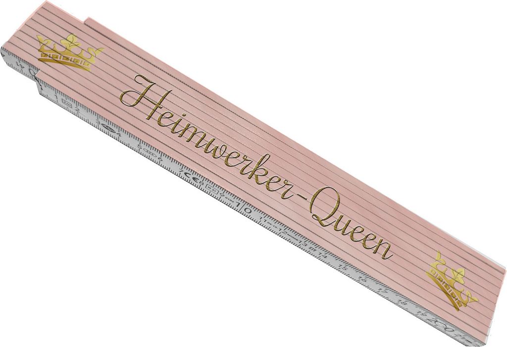Bedruckter Meterstab aus Holz mit Spruch Heimwerker-Queen und Krone