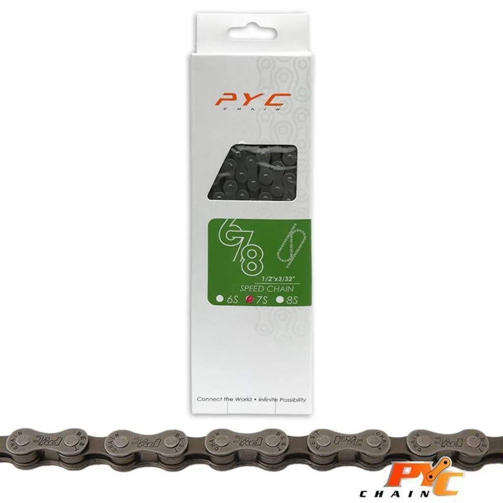 Chaîne vélo PYC 7 vitesses 116 maillons compatible Shimano Long Life