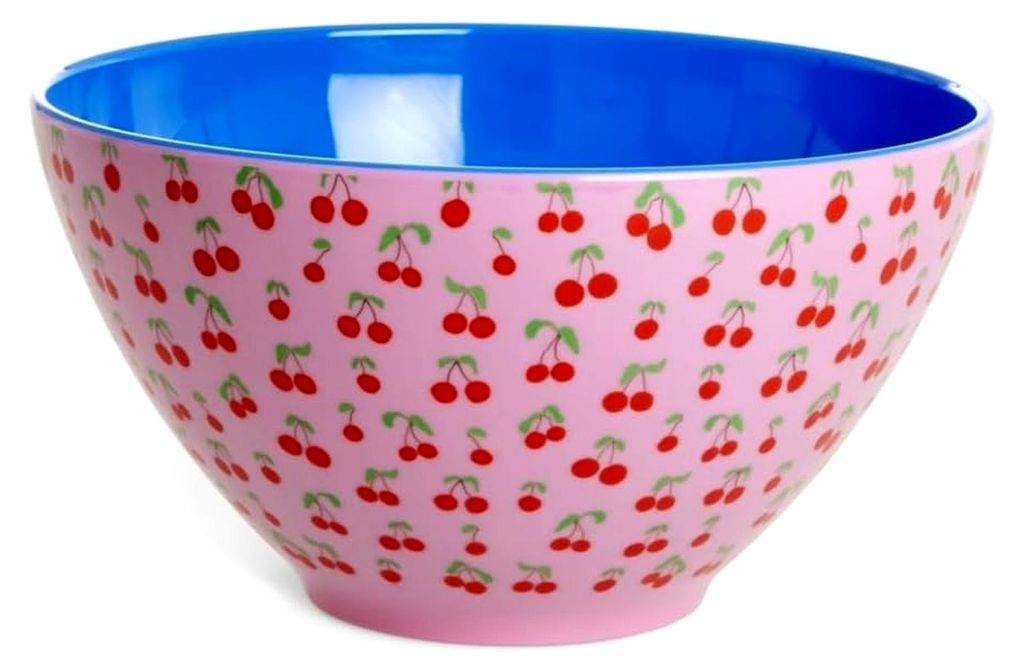 Melamin Salatschüssel Cherry Love | große Schüssel mit Kirschmotiv in Rosa und Blau, Ø 26,4 cm, leicht, robust, BPA-frei, spülmaschinengeeigne...