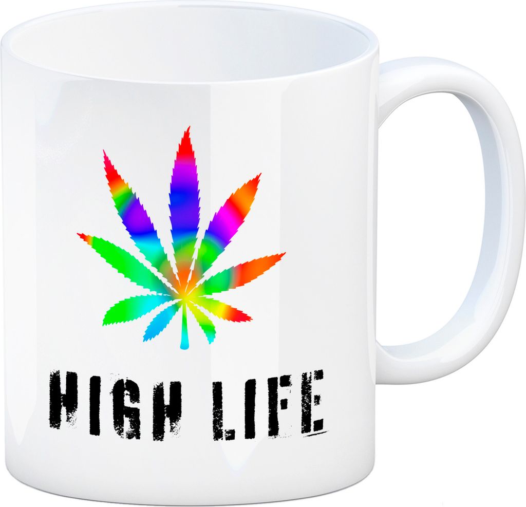 High Life Kaffeebecher mit Marihuanablatt in bunt Produktbild 