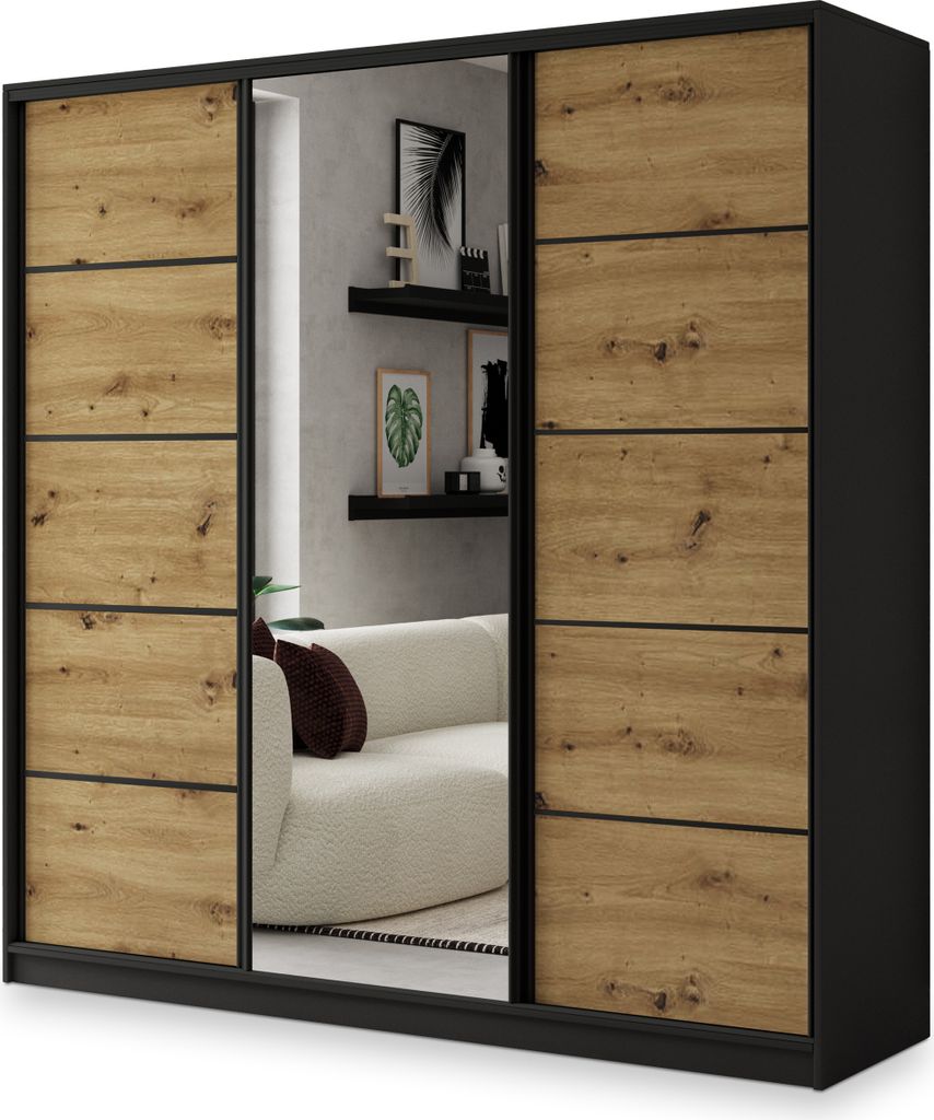 Masseno Schiebetürenschrank NATA 200/205/58 cm Kleiderschrank mit 4 Schubladen Schlafzimmer Schrank 3-türig mit Spiegel Schwarz / Eiche Artisan