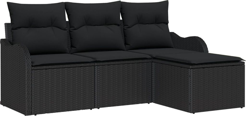 4-teiliges Garten-Sofaset mit Kissen Schwarz Poly-Rattan, 2-Sitzer Garten-Sofa mit Kissen Schwarz Poly-Rattan, Gartensofas DesignMöbel Neu
