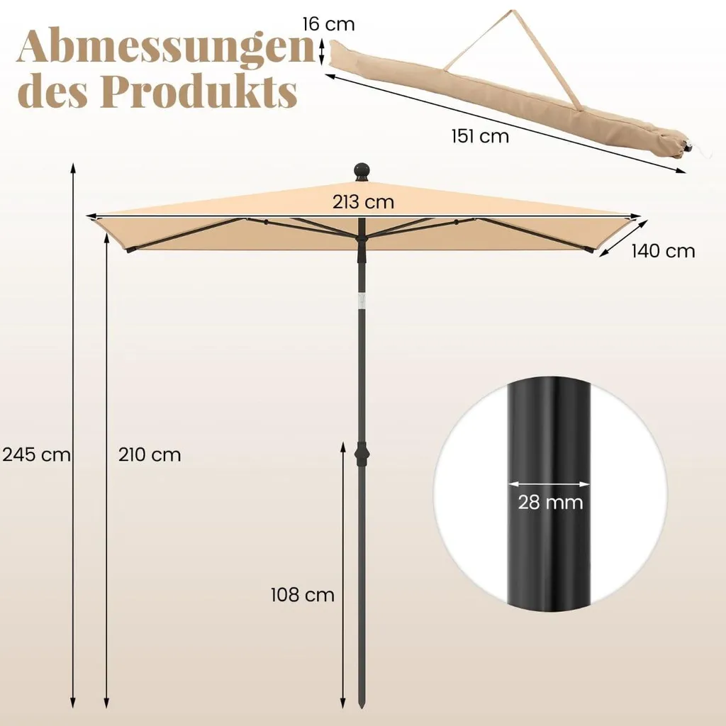 Parasol rectangulaire de balcon 210 x 140 cm beige réglable inclinable