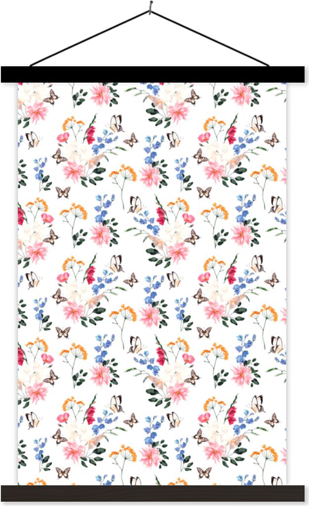 MuchoWow Textilposter Blumen - Schmetterling - Pastell 60x90 cm mit schwarzem Rahmen - Poster Wohnzimmer