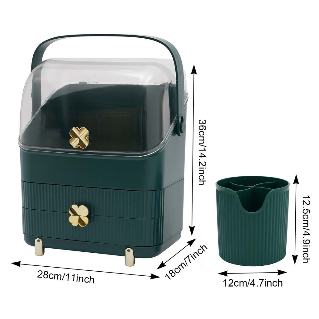 Make-Up Organizer 180° drehbar staubdicht mit Pinselhalter Tragegriff 2 Schubladen Kosmetikbox (grün)