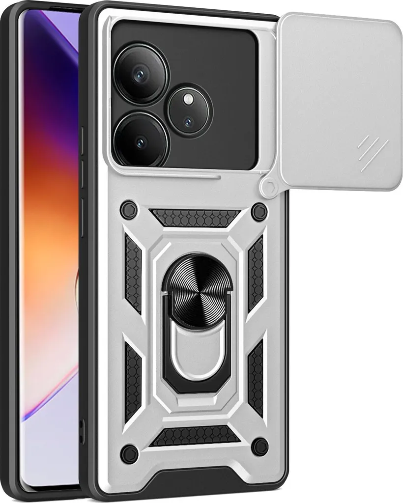 Custodia per Realme GT 6T 5G, Custodia in silicone TPU Bumper con supporto ad anello, protezione per fotocamera argento