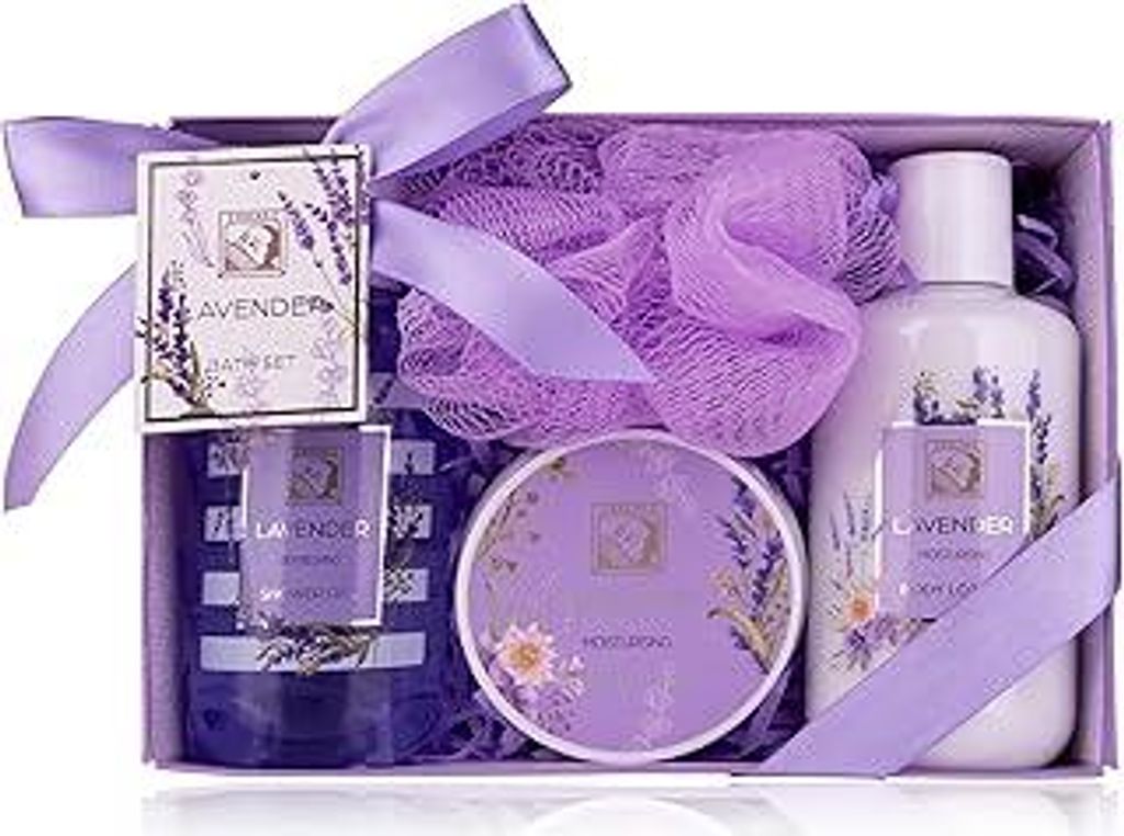 Duschset Frauen Geschenkset LAVENDEL in schöner Geschenkbox – 4-teiliges Pflegeset mit Duschgel, Bodylotion, Körperbutter und Netzschwamm – G...