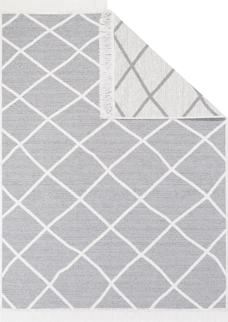 Tapis AZTECA gris moderne à franges 80 x 300 cm pour couloir et salon