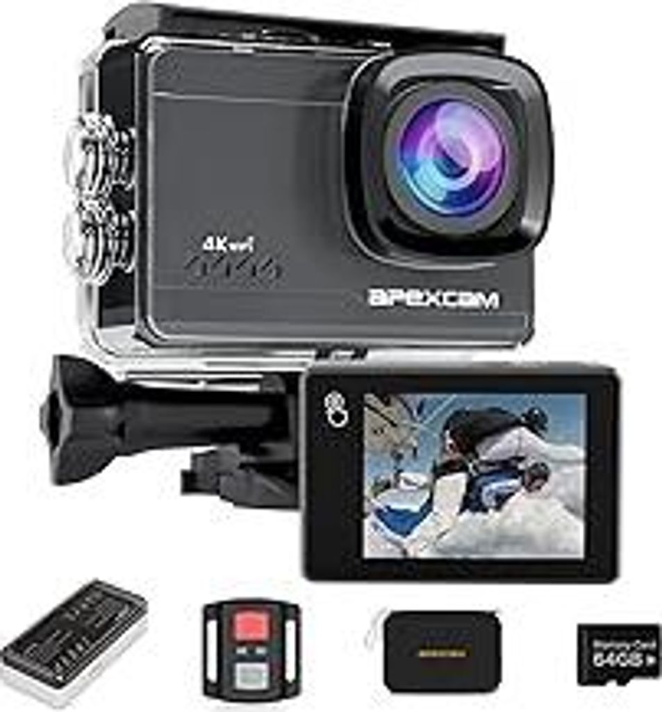 Apexcam M90 mit 64G Karte Action Cam 4K60FPS 64MP WLAN EIS Bildstabilisierung Sportkamera mit Touchscreeen Unterwasserkamera 40m Wasserdicht 8X Zoo...