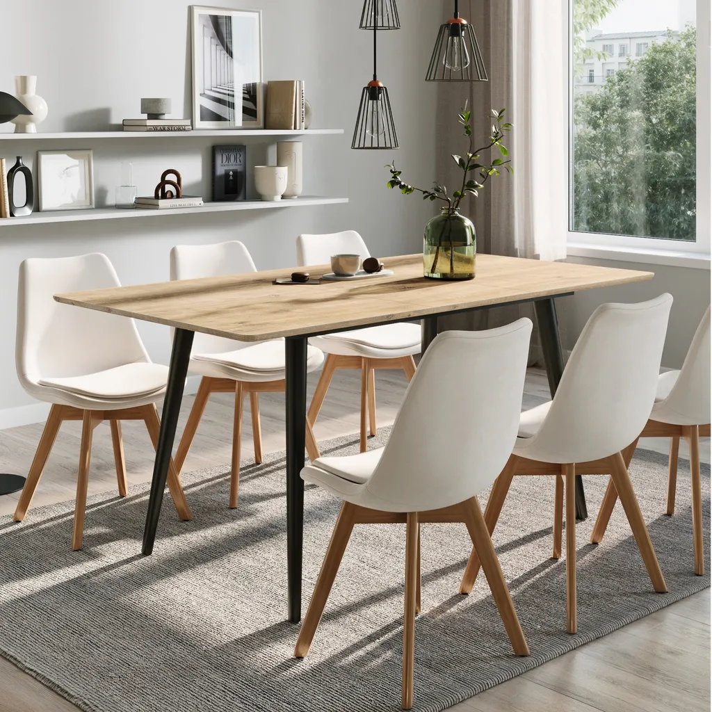 Table extensible design bois et métal pour 6 personnes chêne clair