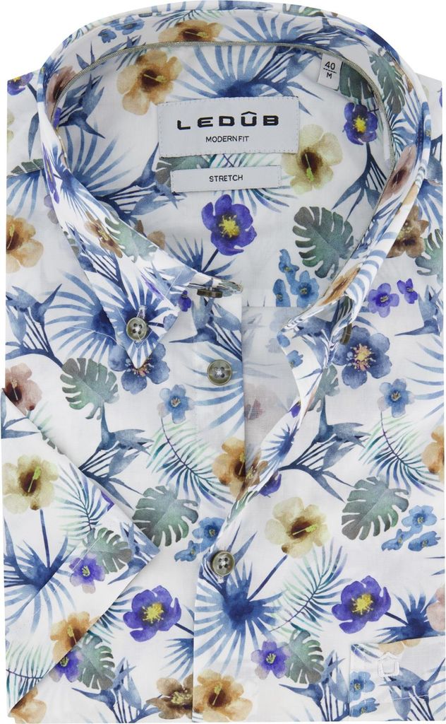 Ledub normales Passform Hemd mit kurzen Ärmeln aus bedruckter weißer Baumwolle