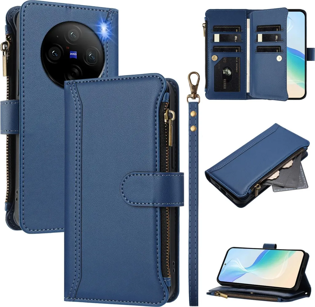 Custodia per Vivo X100, con cerniera, portafoglio Custodia flip in Finto cuoio con tasche per carte, supporto e passante per mano blu