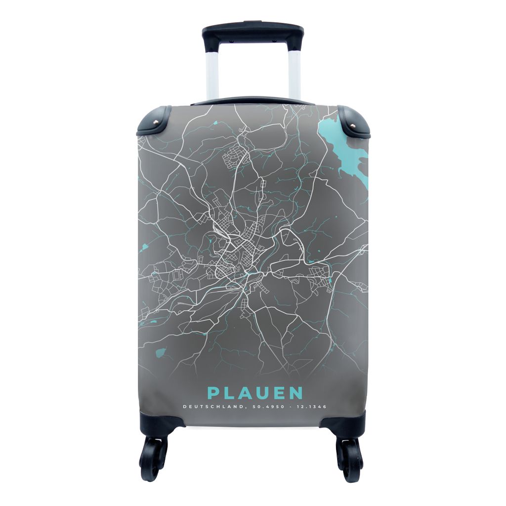 MuchoWow Koffer Handgepäck Trolley Rollkoffer Kleine Reisekoffer mit 4 Rollen - Stadtplan - Deutschland - Blau - Plauen - Karte - Cabin Size < 5...