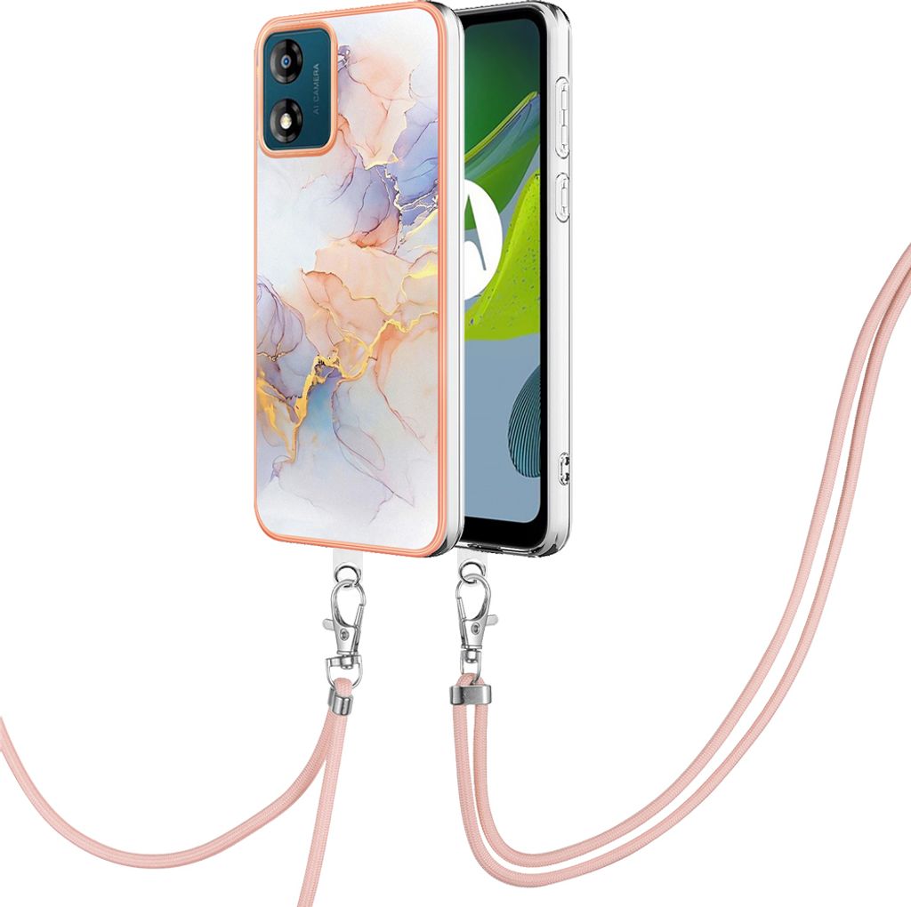 Handykette Hülle für Motorola Moto E13 Muster TPU Schutzhülle mit verstellbarem Tragegurt Grau