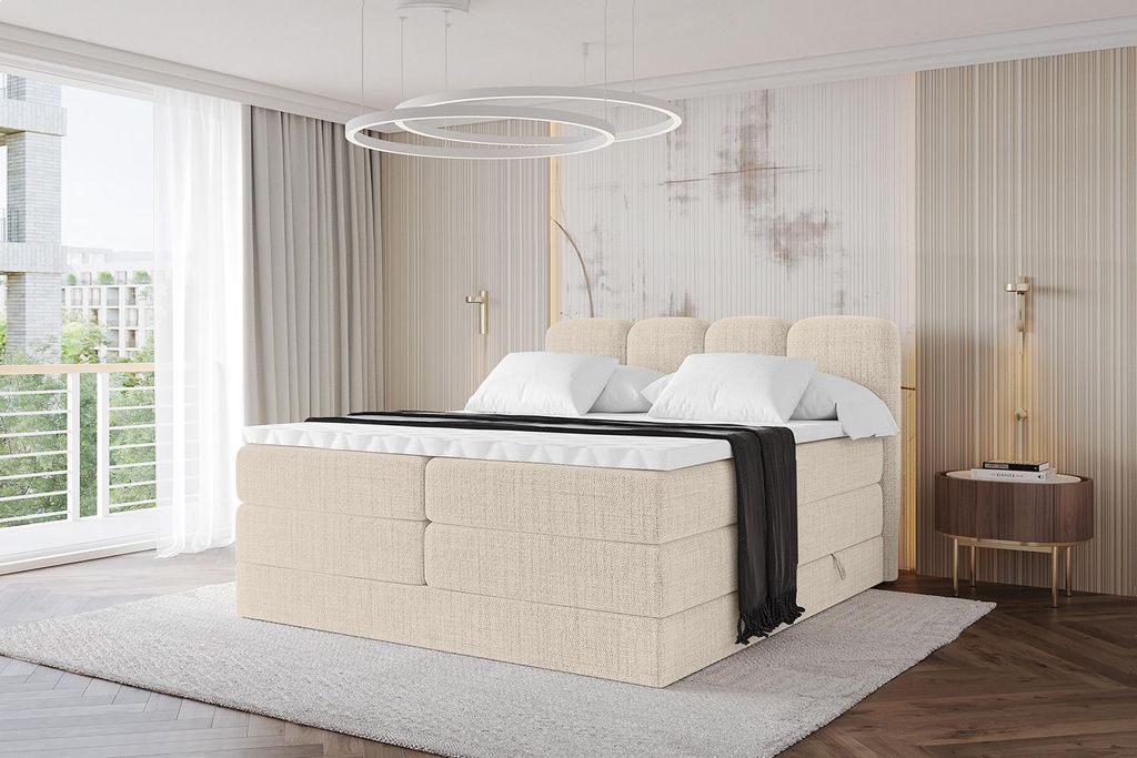 ALTDECOR Boxspringbett - NINA KING - 120x200 Beige Aragon- Komplett-Set mit H3 und H4 Matratzen und Topper, Polsterbett mit Bettkästen, Lattenrost...