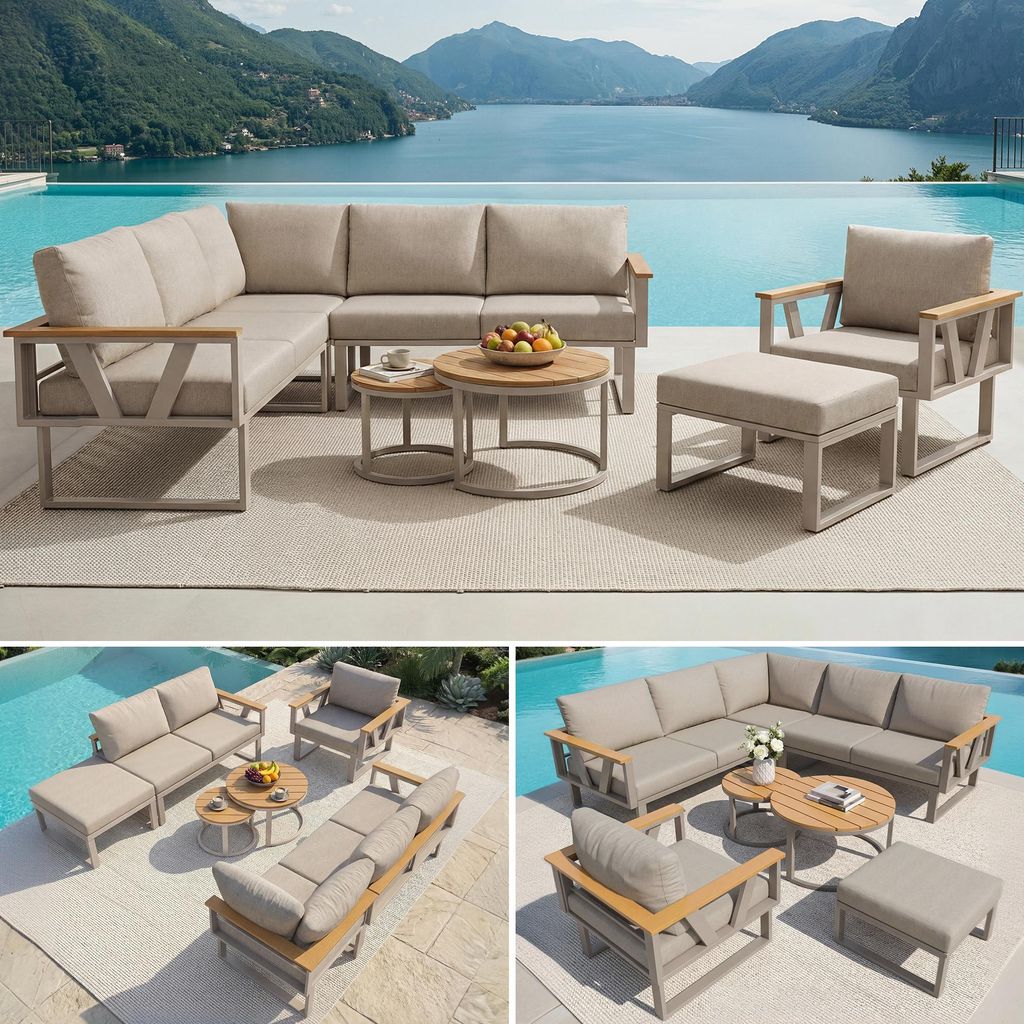 Modulare Garten Sitzgruppe, verstellbare Füße, stabile Metallbasis, 9cm Polster, 2 Holztische, frei kombinierbar für Terrasse, Balkon & Poolbereich