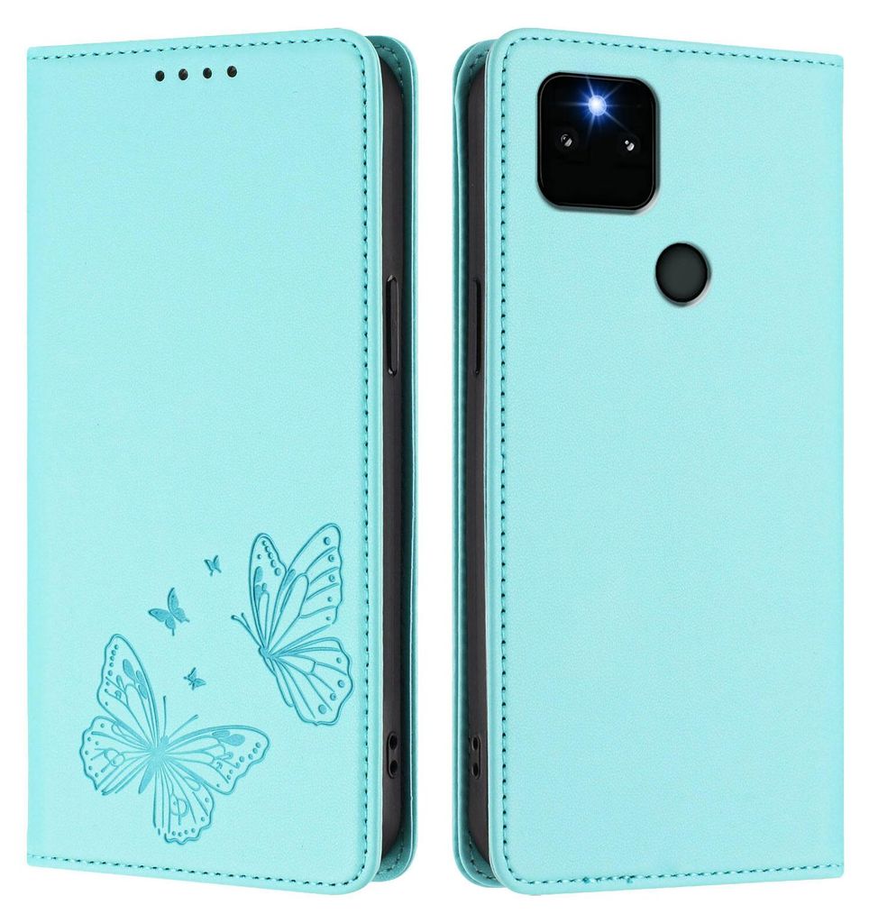 Lederhülle für Google Pixel 5A 5G, Schmetterling Prägung Leder Brieftasche Schutzhülle mit Ständer Türkis