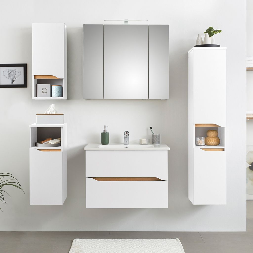 Badezimmer Komplett Set mit Keramik Waschbecken QUEIMADOS-66 in Weiß Glanz mit Weiß Hochglanz, B/H/T ca. 140/200/45 cm