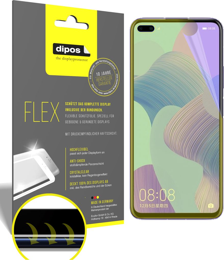 2x Schutzfolie für Honor V30 Pro Folie, 100% Displayabdeckung, dipos Flex