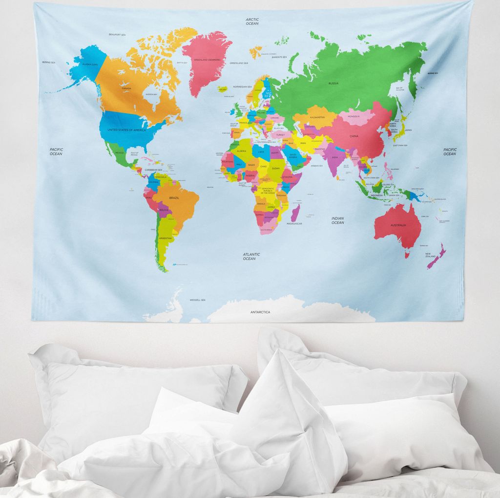 ABAKUHAUS Karte Wandteppich, Bunte Politische Welt aus Weiches Mikrofaser Stoff Waschbar ohne Verblassen Digitaldruck, 150 x 110 cm, Mehrfarbig