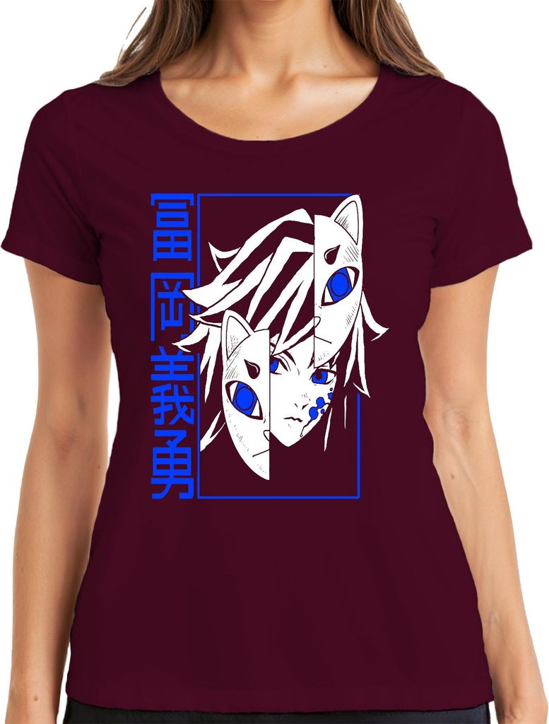 Kitsune Anime Halbgesicht Blauauge Japan Manga düster Geschenk Damen T-Shirt, Burgundy, M