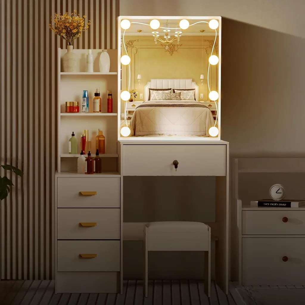 Coiffeuse Miroir LED : Solution de Rangement et Maquillage avec Tabouret - 5
