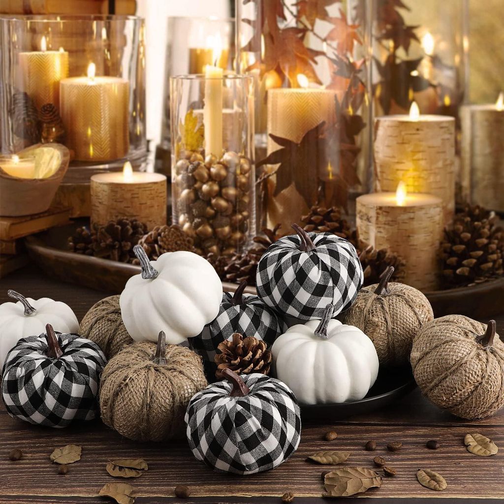 Herbstdekoration Kürbis 12 Stück Große Kleine Outdoor Plaid Stoff Jute Schaum Kunststoff Fake Faux Künstliche Kürbisse Halloween Ernte Festiva...