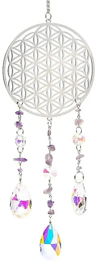 Mobile attrape-soleil Fleur de Vie et pierres d'améthyste pour fenêtre