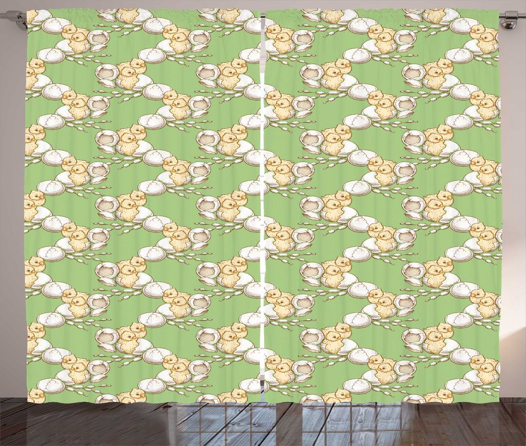 ABAKUHAUS Gelber Vogel Rustikaler Gardine, Kleine Baby-Hühner, Wohnzimmer Universalband Gardinen mit Schlaufen und Haken, 280 x 225 cm, grüne Cha...