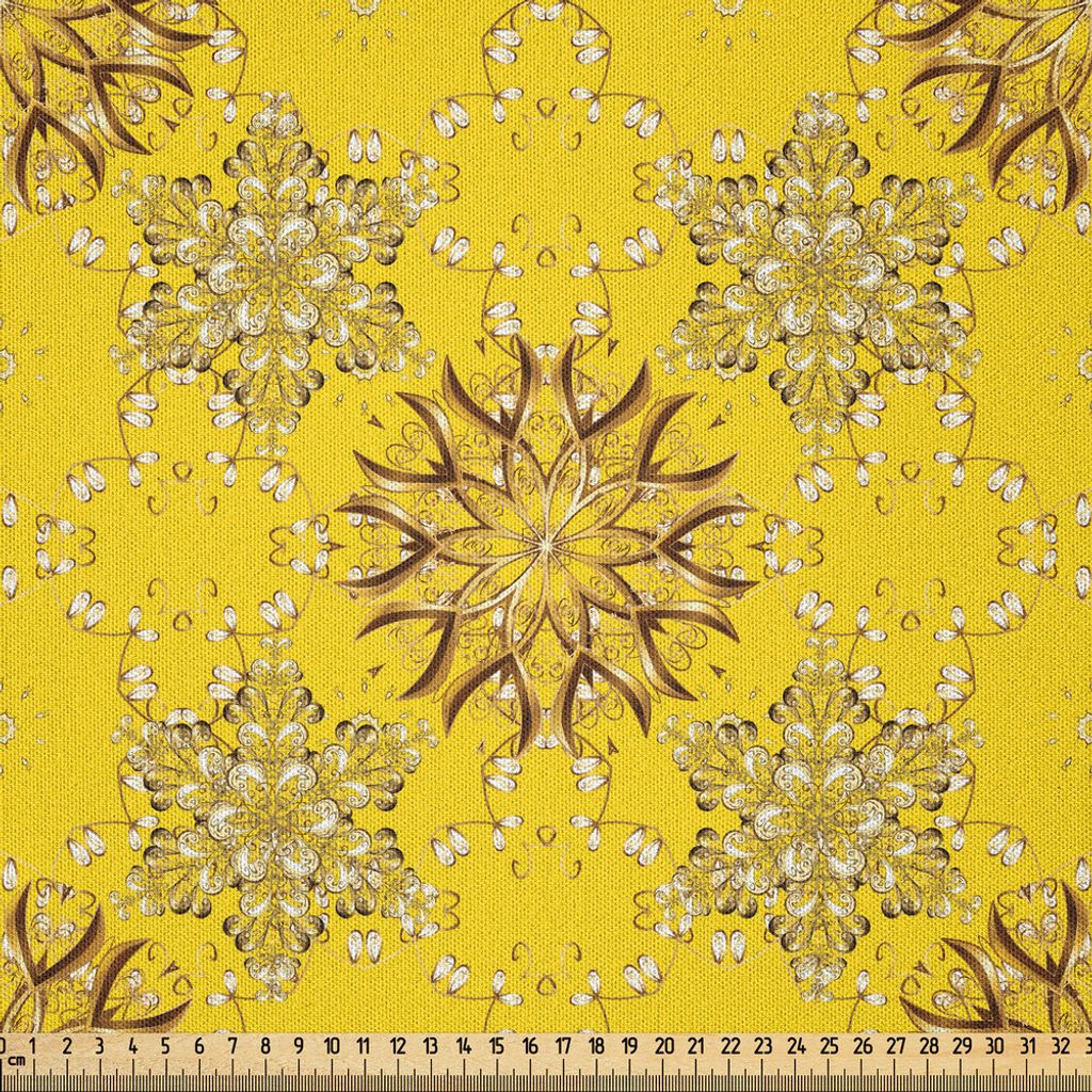 ABAKUHAUS Gelbes Damast Microfaser Stoff als Meterware , Vintage blühende Swirly Blumen Frühling Thema romantische Muster, 2 M (230 x 200 cm), Ge...