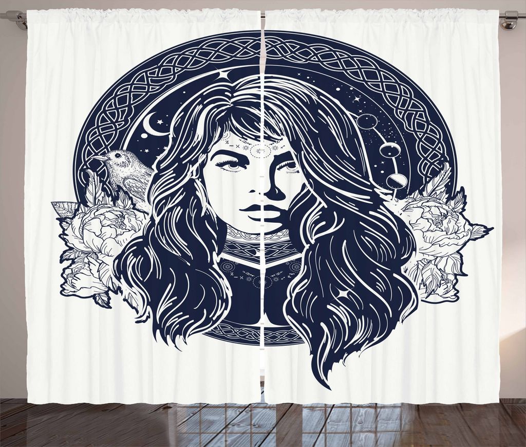 ABAKUHAUS Ethnisch Rustikaler Vorhang, Occult Frauen-Portrait, Wohnzimmer Universalband Gardinen mit Schlaufen und Haken, 280 x 175 cm, Weiß und D...