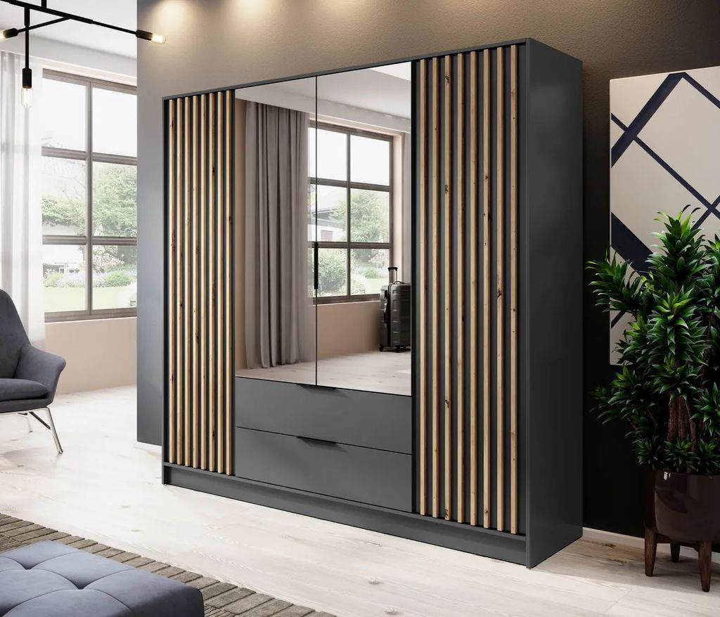 Viertüriger Kleiderschrank mit Spiegel MARFA – Breite 206 cm, Graphit/Eiche handwerklich gefertigt