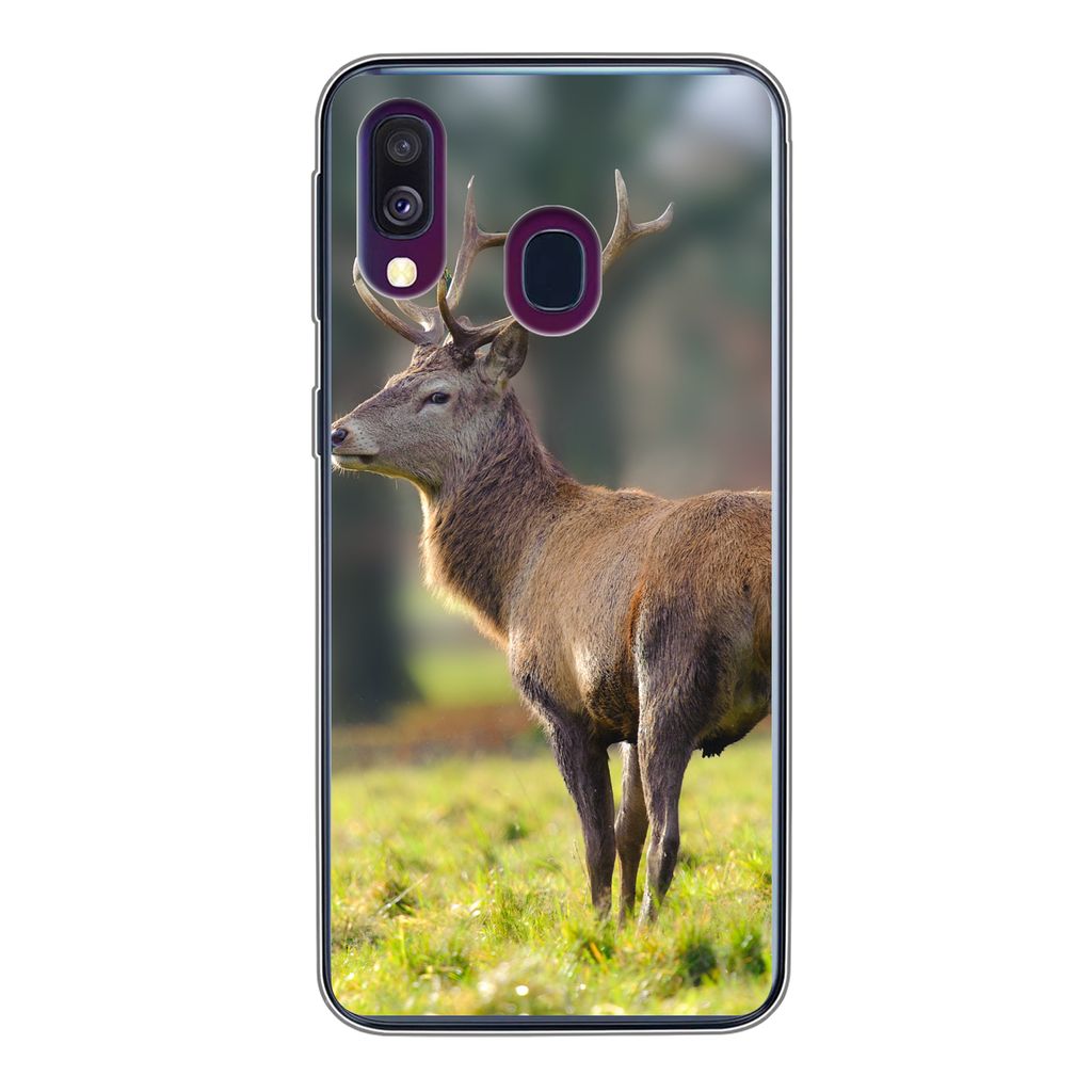 MuchoWow Handyhülle Schutzhülle Hülle für Samsung Galaxy A40 Rothirsch - Wiese - Grün Silikon Softcase Handy Hülle - Handy-Tasche
