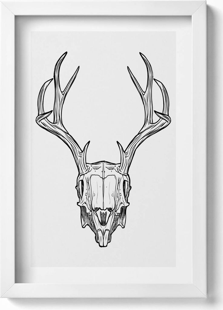 Hirschschädel mit Hörnern Skizze– Wandbild mit Rahmen – Gerahmtes Bild – Wanddekoration – 20x30 cm – Weiß