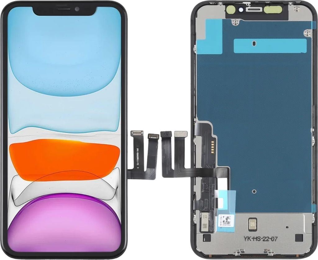 A disassembled iPhone 11 screen assembly is shown next to a complete iPhone 11 screen.